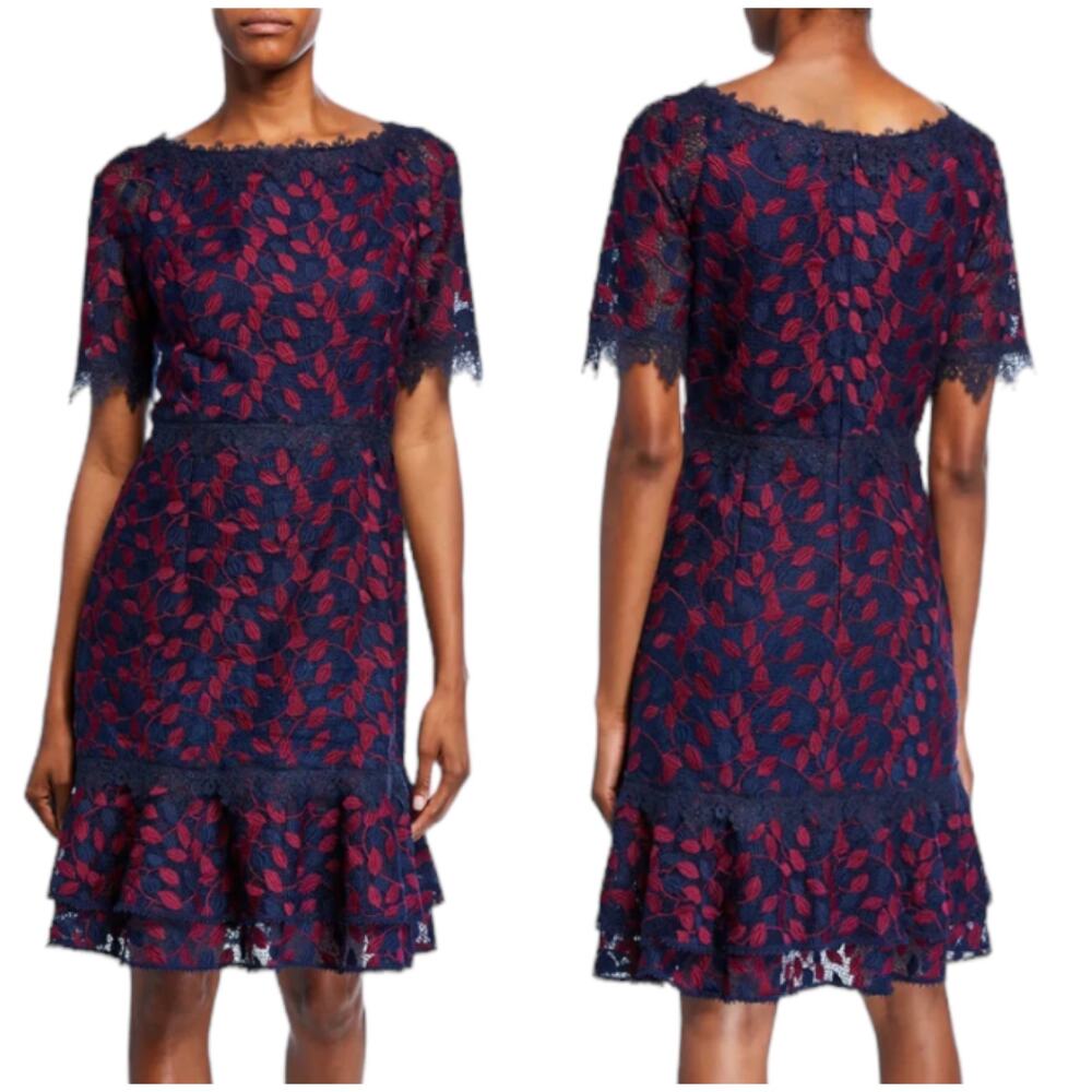 Shani NWT Two Tone Lace Dress Navy Purple Size 10 Short Sleeve Tiered Ruffle
